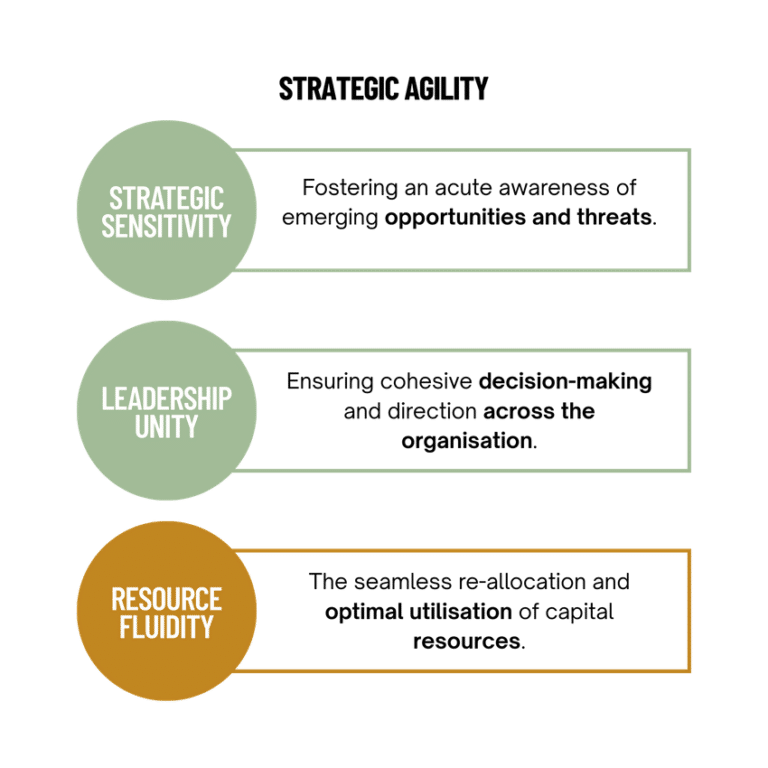 Strategic Agility infographic showing three components of strategic sensitivity, resource fluidity and leadership unity